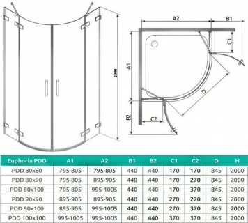 Cabina de dus Radaway Euphoria PDD, 100X200 cm, sticla transparenta, partea dreapta