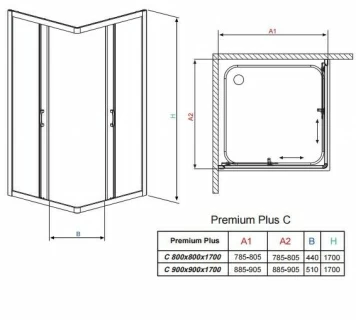 Cabina de dus Radaway Premium Plus C 1700, patrata, 90x90x170 cm, usi glisante