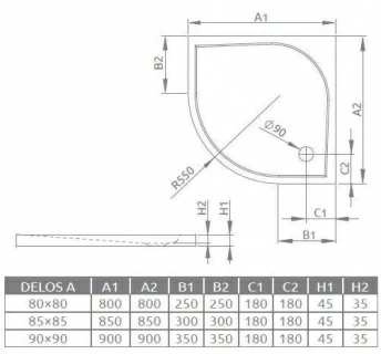 Cadita dus semirotunda Radaway Delos A, 80X80X4,5 cm, acrilica