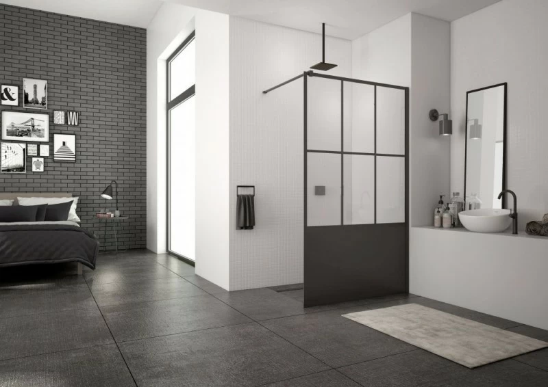 PROMO cabina dus Walk-in SanSwiss Easy Loft 76 Industries 90 x H200 cm profil negru mat