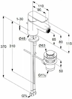 Baterie bideu Kludi Pure&Style cu ventil metalic pop-up