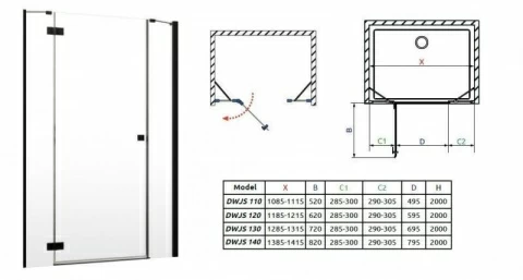 Usa de nisa batanta Radaway Essenza New Black DWJS, 130 x H200 cm profil negru mat, stanga