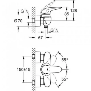 Baterie dus monocomanda Grohe Eurostyle alb, maner plin