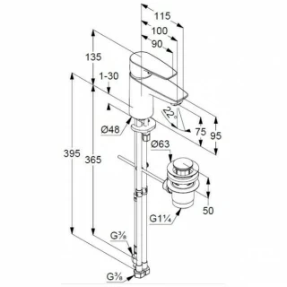 Baterie lavoar Kludi Pure&Solid 75 cu ventil metalic pop-up si presiune scazuta