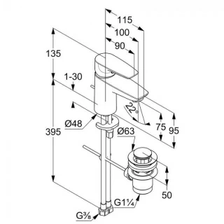 Baterie lavoar Kludi Pure&Solid 75 cu ventil metalic pop-up