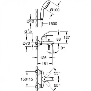 Baterie de cada si dus Grohe Eurosmart cu set de dus si porter