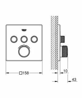 Baterie dus Grohe Grohtherm Smartcontrol termostatata cu 3 iesiri, patrata