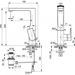 Baterie lavoar Ideal Standard Edge inalta cu ventil metalic, H24 cm
