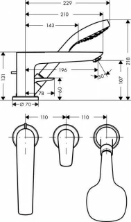 Baterie cada si dus Hansgrohe Talis E montaj pe cada cu 3 orificii