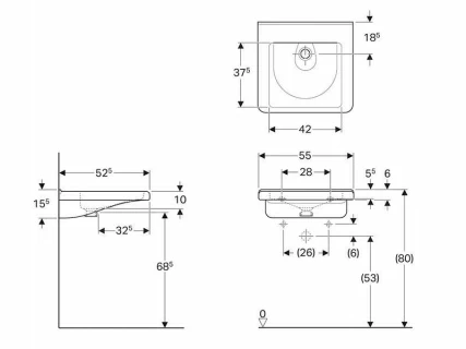 Lavoar suspendat Geberit Selnova Comfort Square 55x53xH16 cm fara preaplin si fara orificiu robinet