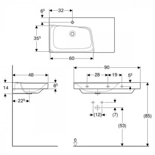 Lavoar Geberit Xeno² 90x48xH14 cm blat dreapta