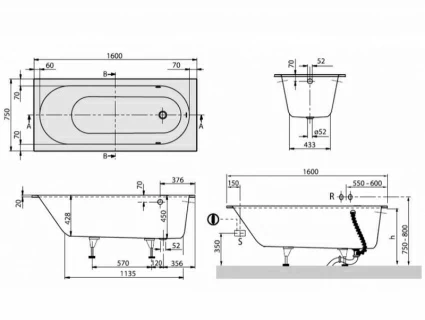 Cada incastrata Villeroy&Boch Oberon Quaryl 170x70 cm