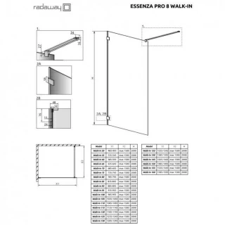 Cabina dus Walk-in Radaway Essenza Pro 8, 60 x 200 cm, gold