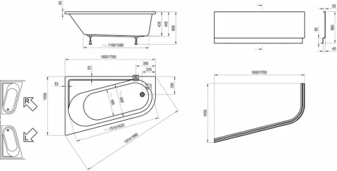 Cada asimetrica Ravak Chrome 170x105xH44 cm, dreapta