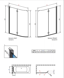 Paravan cada Radaway Eos PND I, 130xH152 cm, cu 2 elemente, stanga