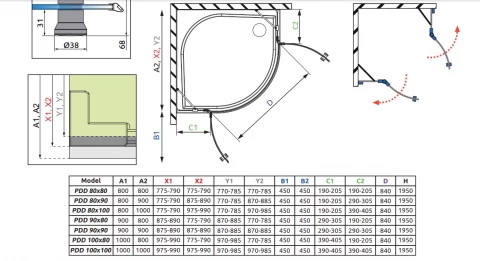 Cabina dus semirotunda Radaway Torrenta PDD 100x100xH195 cm