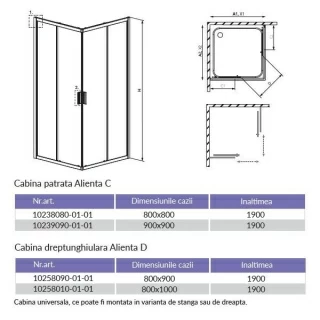 Set PROMO cabina dus Radaway Alienta D 100x80xH190 cm, sifon si cadita Laros D Compact