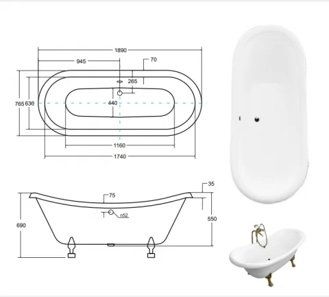 Cada de mijloc Besco Amelia 190 x 77 cm cu picioare culoare auriu