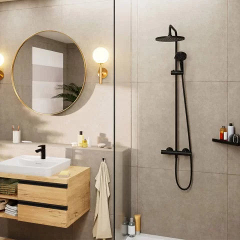 Sistem dus cu baterie termostatica Hansgrohe Vernis Blend 240 S negru mat 1 jet