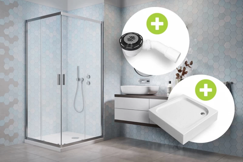 Set PROMO cabina dus Radaway Alienta C 80x80xH190 cm, sifon si cadita Tinos C Compact