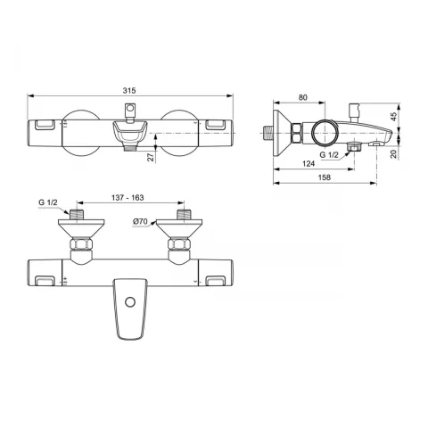 Baterie cada si dus termostatica Ideal Standard Ceratherm T25 crom lucios