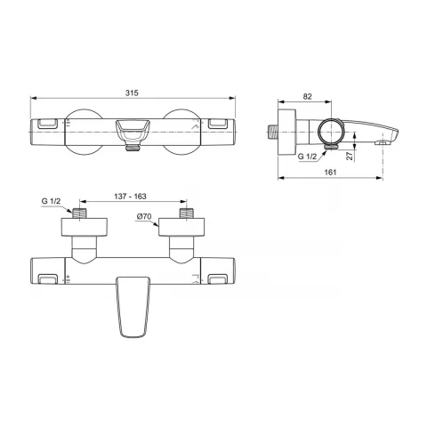 Baterie cada si dus Ideal Standard Ceratherm T25 negru mat termostatica