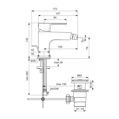 Baterie bideu Ideal Standard Cerafine D crom lucios cu ventil