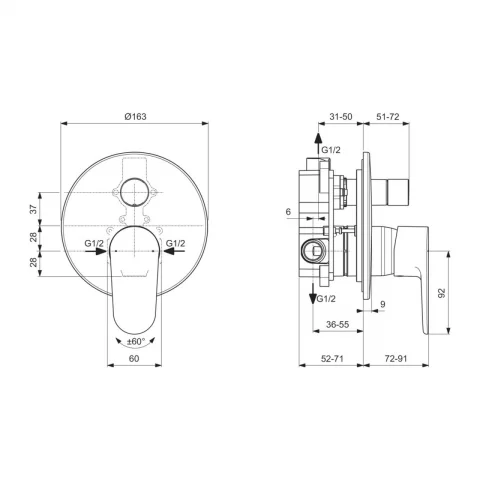Baterie cada si dus incastrata Ideal Standard Cerafine O crom lucios monocomanda