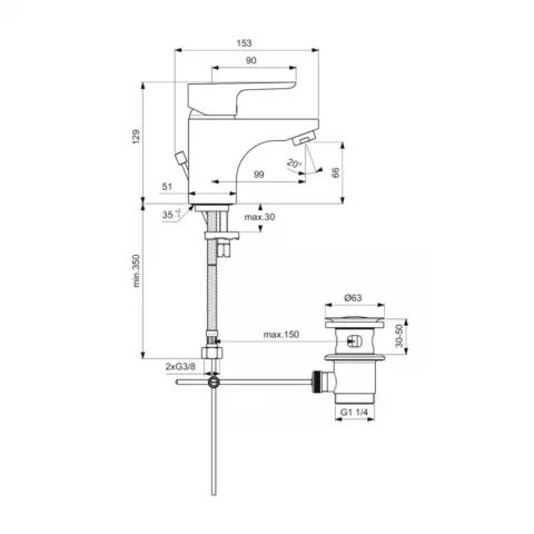 Baterie lavoar Ideal Standard Ceraplan III crom lucios cu ventil metalic