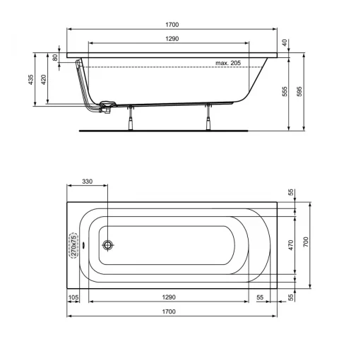 Cada rectangulara Ideal Standard Simplicity 170x70 cm alb lucios