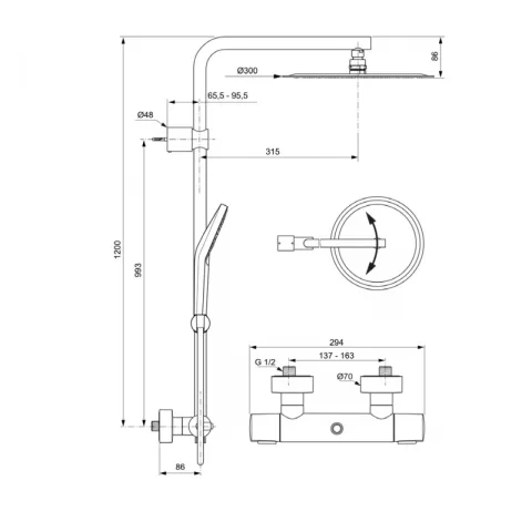 Sistem de dus cu baterie termostatica Ideal Standard Ceratherm 100 crom lucios