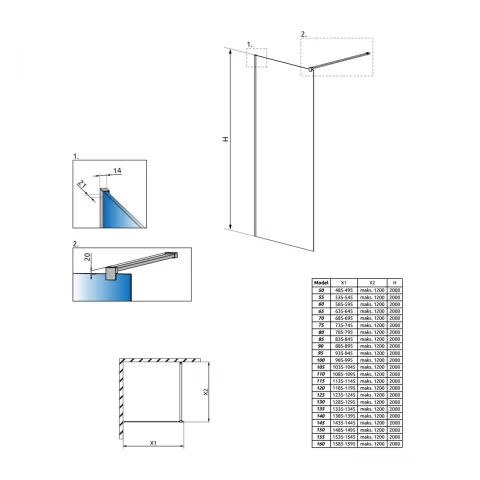Cabina de dus Walk-In Radaway Modo New Brushed Copper II 140x200 cm profil cupru periat