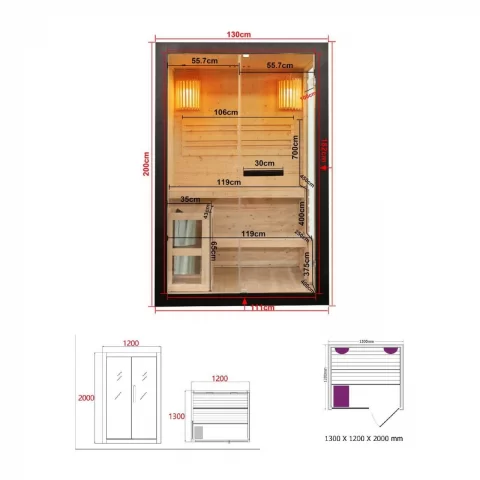 Sauna finlandeza Sanotechnik Panorama negru 2 persoane 130x120x200 cm molid