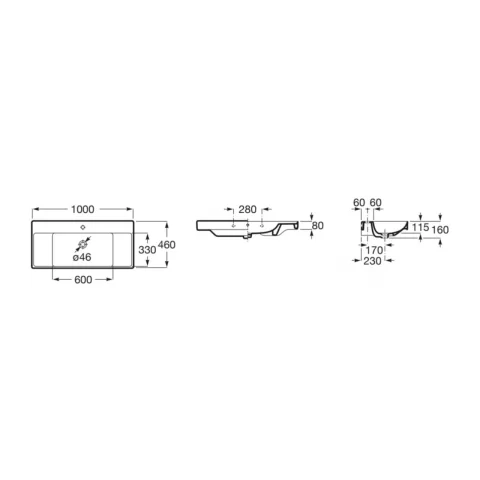Lavoar suspendat Roca Ona 100x46 cm Fineceramic alb mat cu polite laterale