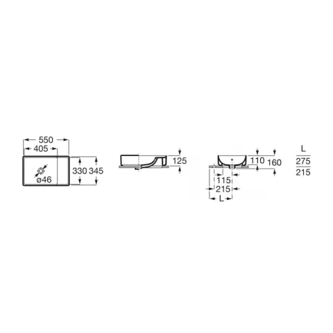 Lavoar pe blat Roca Ona 55x34.5 cm Fineceramic alb mat cu polita dreapta