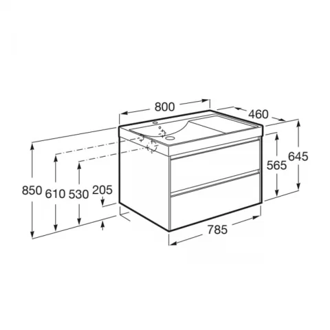 Set PROMO mobilier baza si lavoar cu polita dreapta Roca Ona Unik 2 sertare 80x46 cm stejar deschis