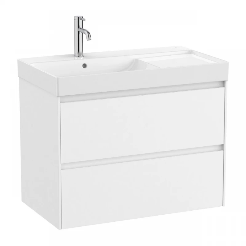 Set PROMO mobilier baza si lavoar cu polita dreapta Roca Ona Unik 2 sertare 80x46 cm alb mat