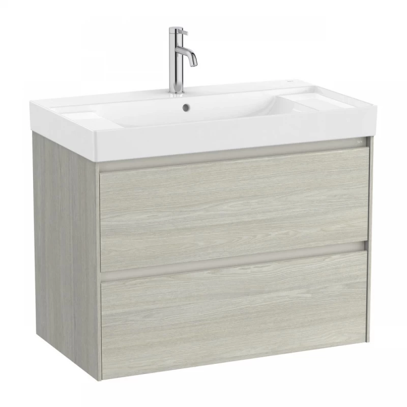 Set PROMO mobilier baza si lavoar cu 2 polite Roca Ona Unik 2 sertare 80x46 cm stejar deschis
