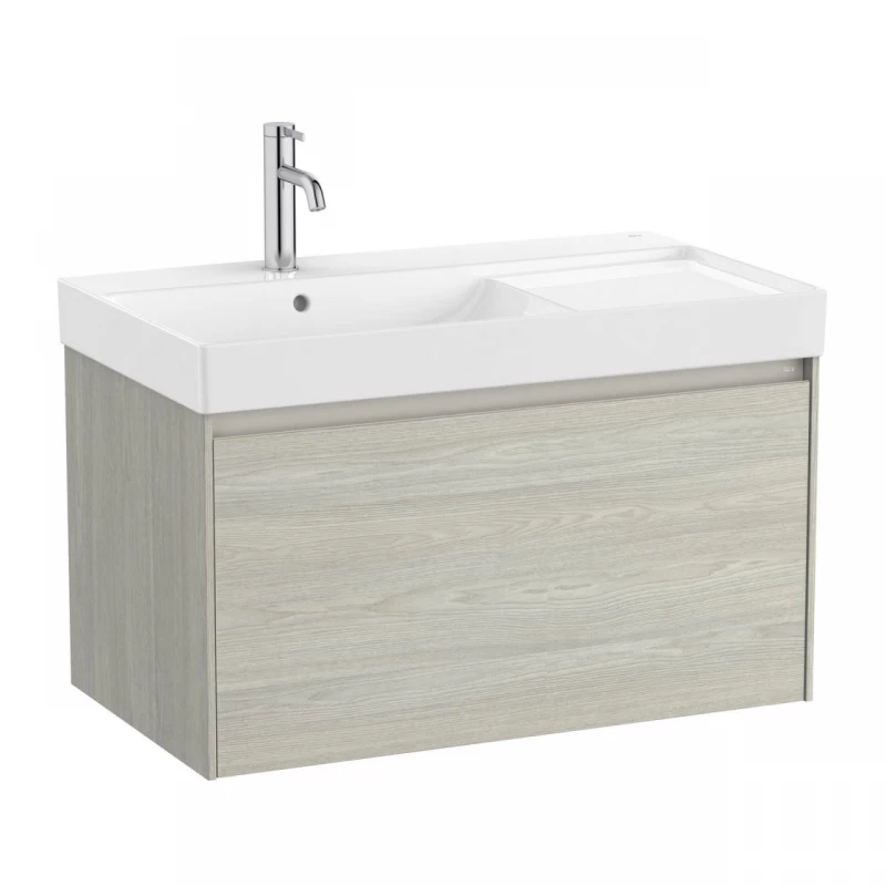 Set PROMO mobilier baza si lavoar cu polita dreapta Roca Ona Unik 1 sertar 80x46 cm stejar deschis