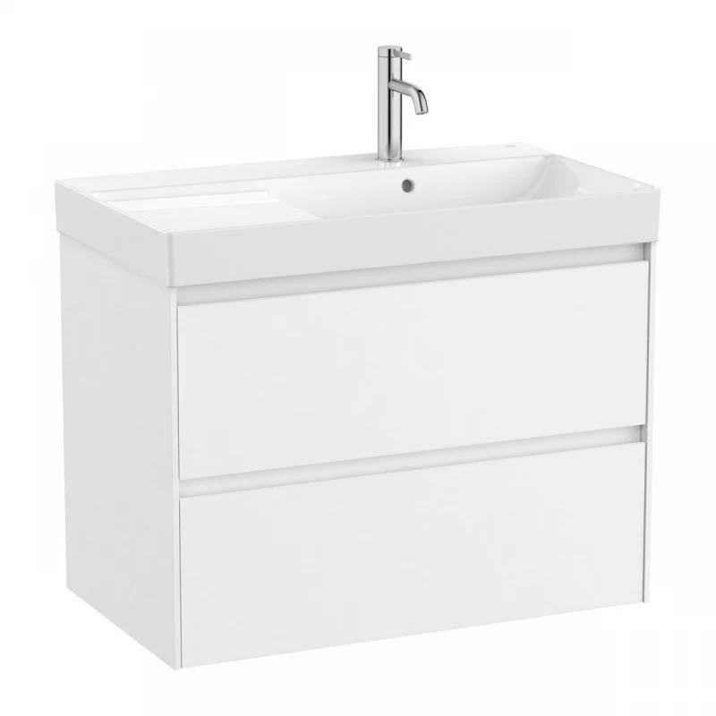 Set PROMO mobilier baza si lavoar cu polita stanga Roca Ona Unik 2 sertare 80x46 cm alb mat