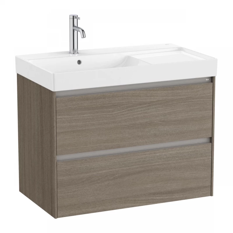 Set PROMO mobilier baza si lavoar cu polita dreapta Roca Ona Unik 2 sertare 80x46 cm ulm inchis