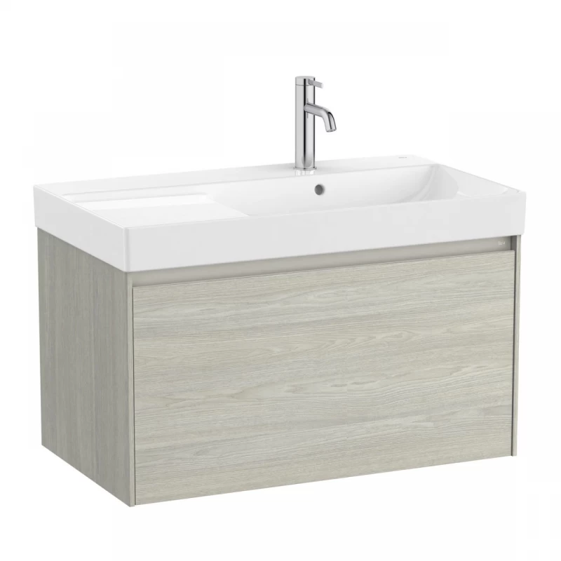 Set PROMO mobilier baza si lavoar cu polita stanga Roca Ona Unik 1 sertar 80x46 cm stejar deschis
