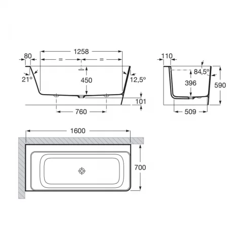 Cada asimetrica Roca Ona 160x70 cm din Stonex alb cu panouri si instalare pe stanga
