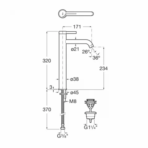 Baterie lavoar inalta Roca Ona cu tehnologie Cold Start si ventil click-clack rose-gold lucios