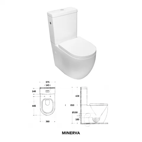 Set vas WC Fluminia Minerva, rimless cu rezervor si capac soft-close 63x38xH83 cm
