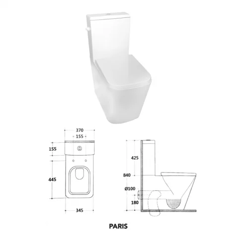 Set vas WC Fluminia Paris, rimless cu rezervor si capac soft-close 66.5x38xH84 cm.