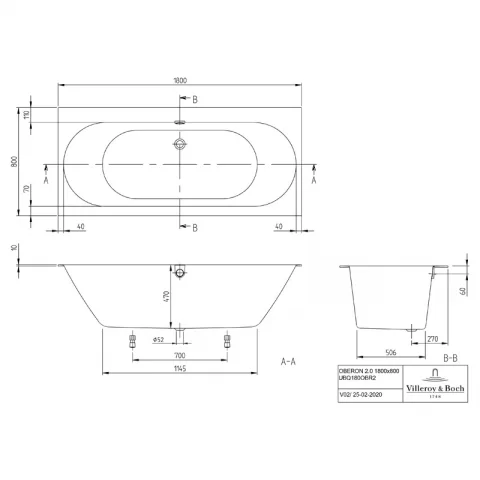 SET Cada Villeroy & Boch Oberon Quaryl 180x80 cm cu sifon si picoare incluse