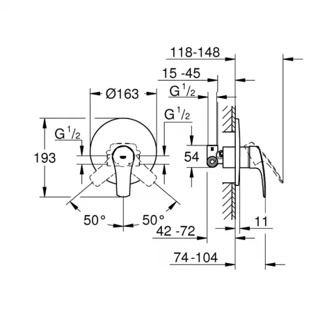 Baterie dus incastrata Grohe Eurosmart crom lucios cu corp ingropat