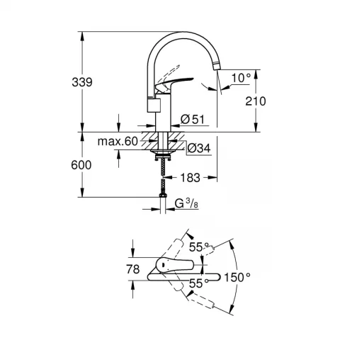 Baterie bucatarie Grohe Eurosmart gat de lebada crom lucios