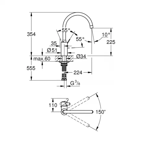 Baterie bucatarie gat de lebada Grohe Eurosmart Cosmopolitan crom lucios